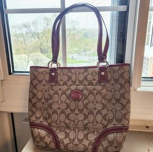Vintage Coach Tote Bag with Signature Pattern and Red and Metal Leather Details